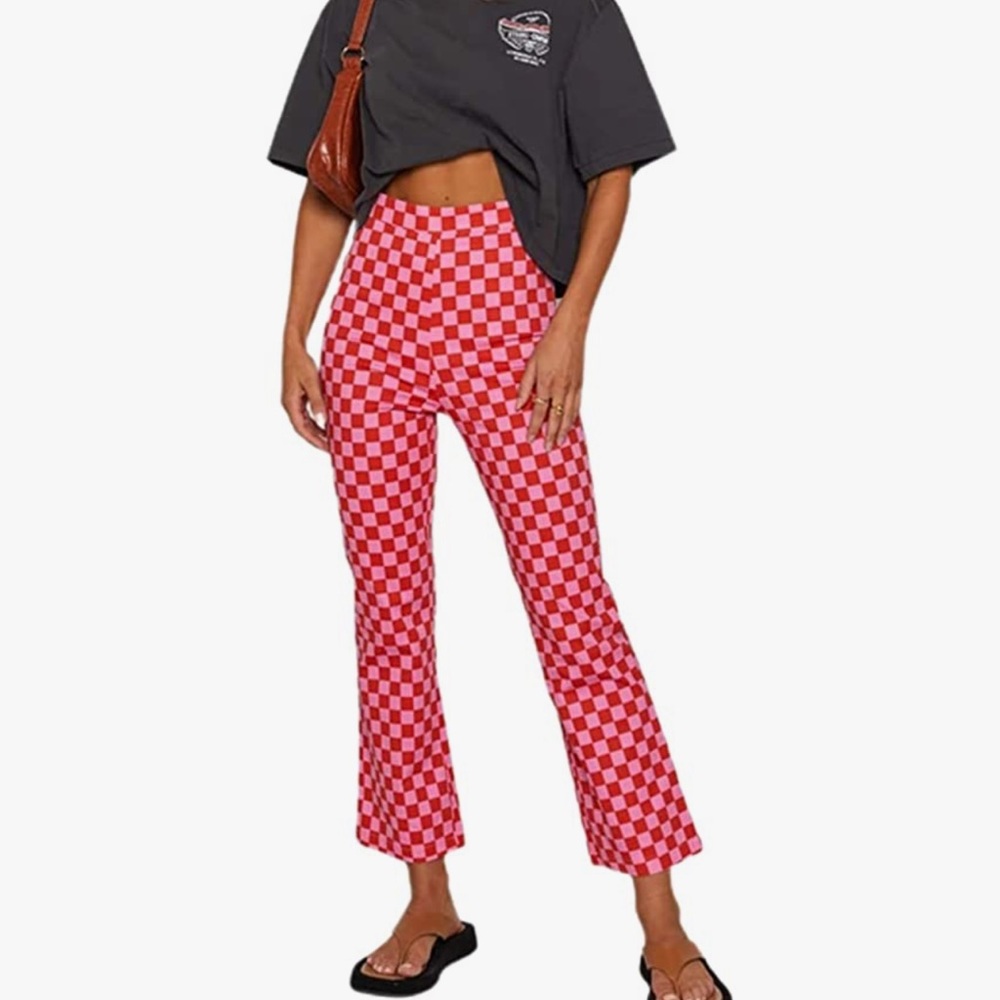 Pink Red Checkered High Waisted Casual Pants Y2k